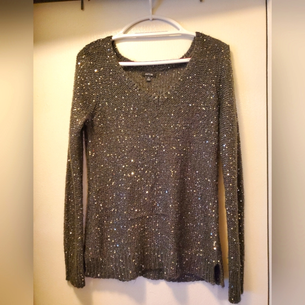 Beautiful dark gray sequined cold shoulder sweater